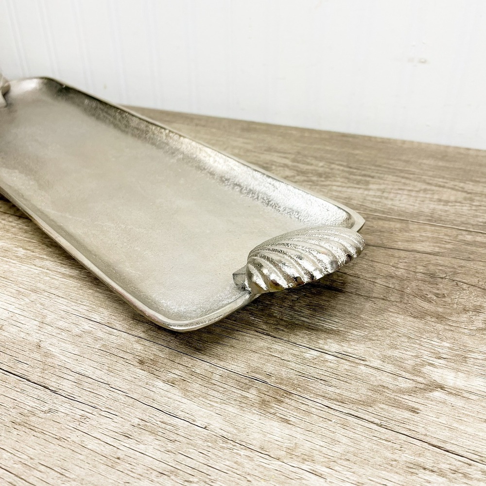 Vintage Shell Handled Silver Tray, Aluminum Serving Platter - Picture 10 of 12